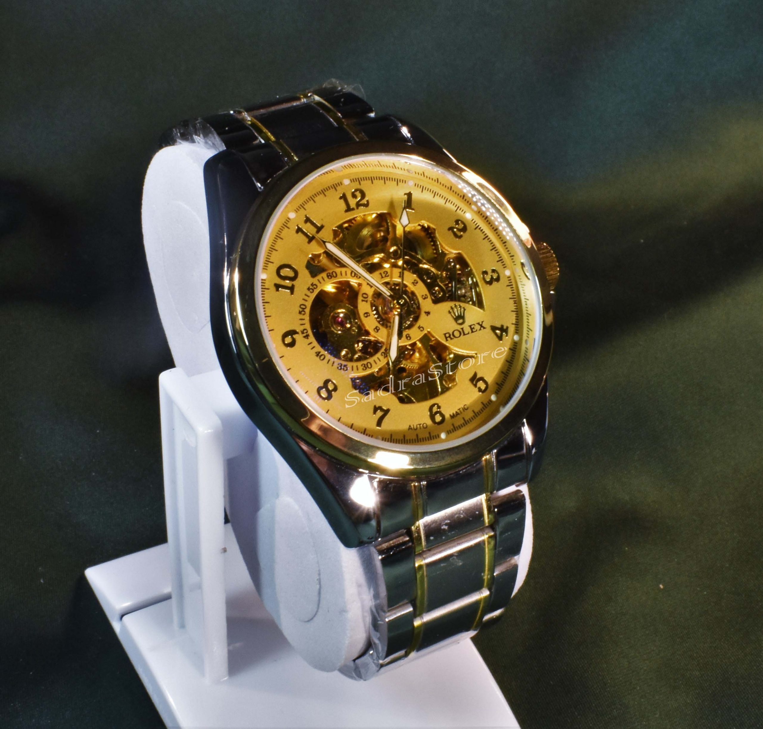 ROLEX WATCH اتوماتیک گوکی رولکس اتومات صفحه بسیارزیبا طلایی ** نشانگرها عددی طلایی براق فسفری ** قاب و بنددورنگ درب استیل - Image 3