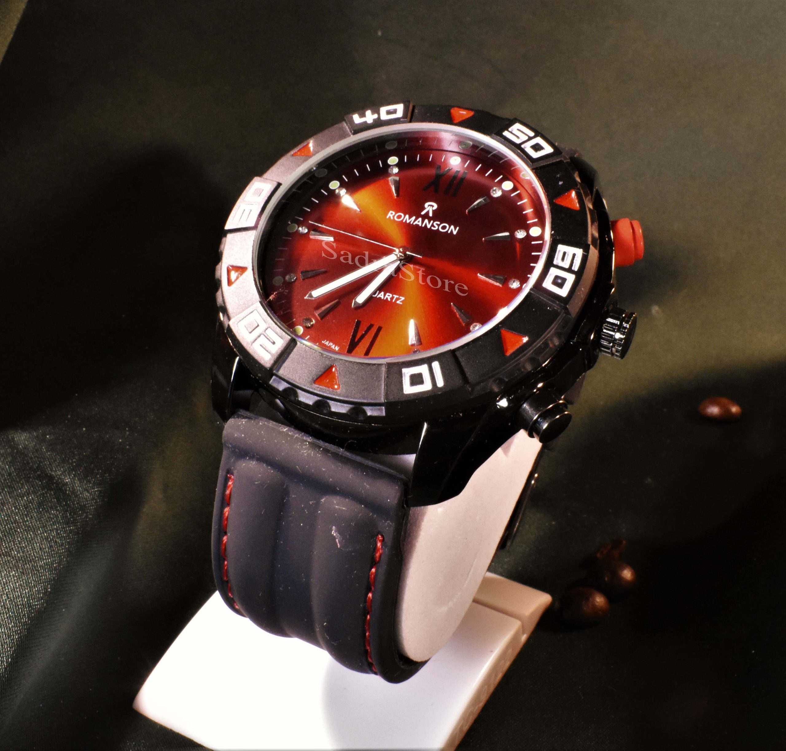 ROMANSON WATCH رومانسون تک موتوره نگین دار با صفحه زرشکی براق ** شیشه شفاف بندژله ای دور دوخت با صفحه ای ساده - Image 4