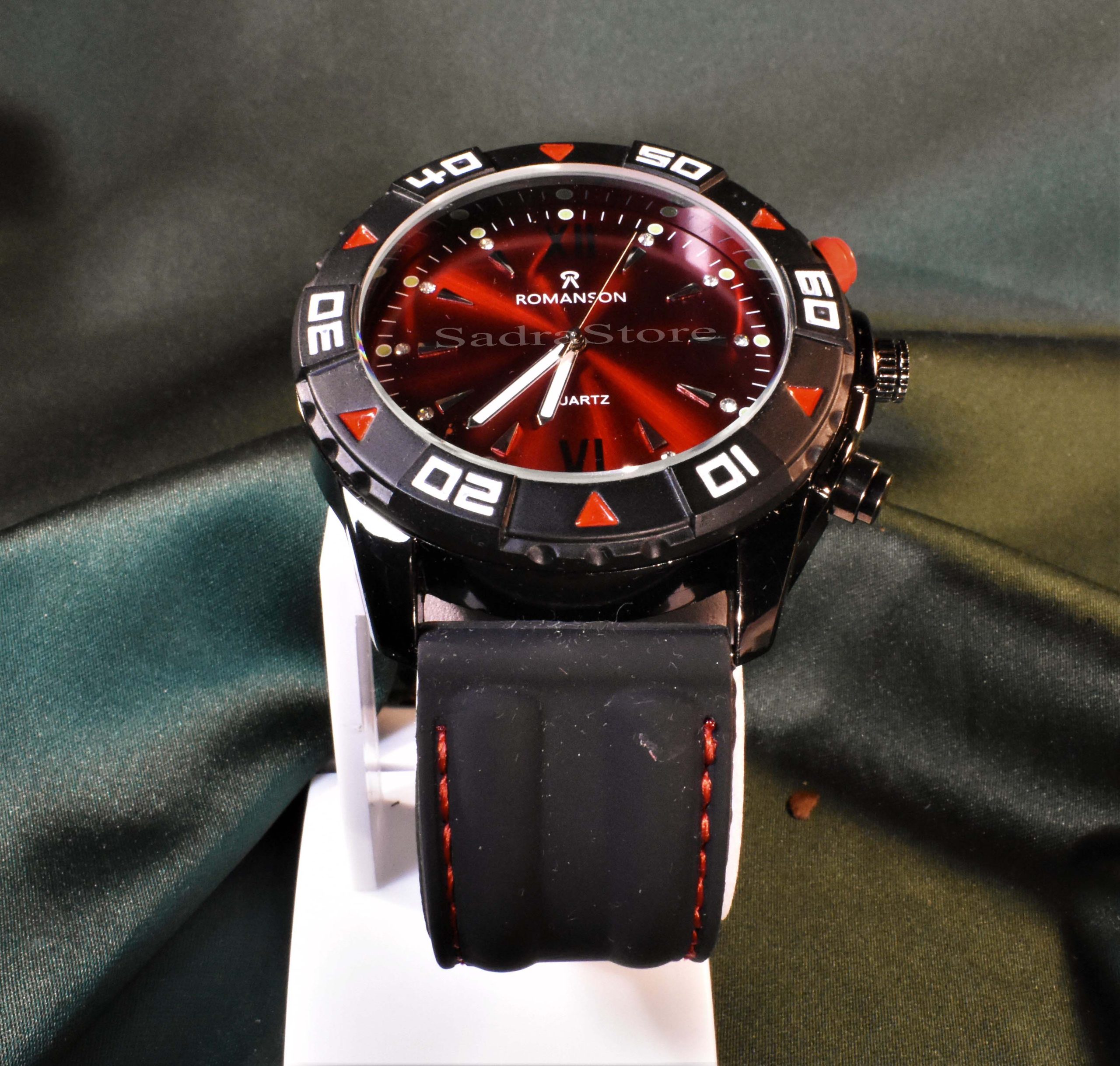 ROMANSON WATCH رومانسون تک موتوره نگین دار با صفحه زرشکی براق ** شیشه شفاف بندژله ای دور دوخت با صفحه ای ساده - Image 3